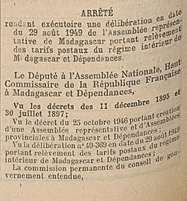 Tarif intérieur Madagascar 5 septembre 1949