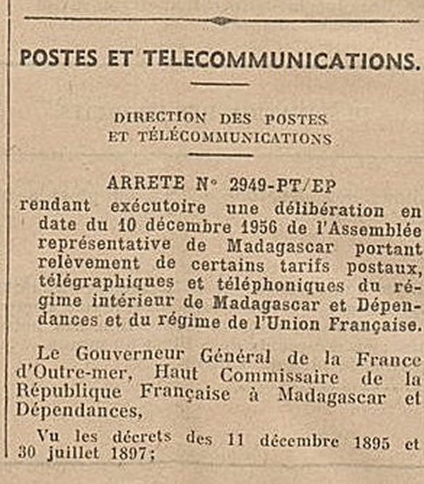 Tarif Madagascar 1er janvier 1957 intérieur et Union Française