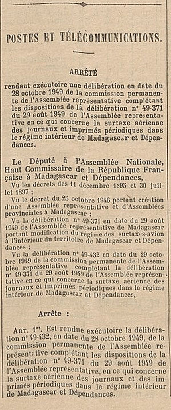 Modification du tarif des journaux dans le régime intérieur 16/11/1949