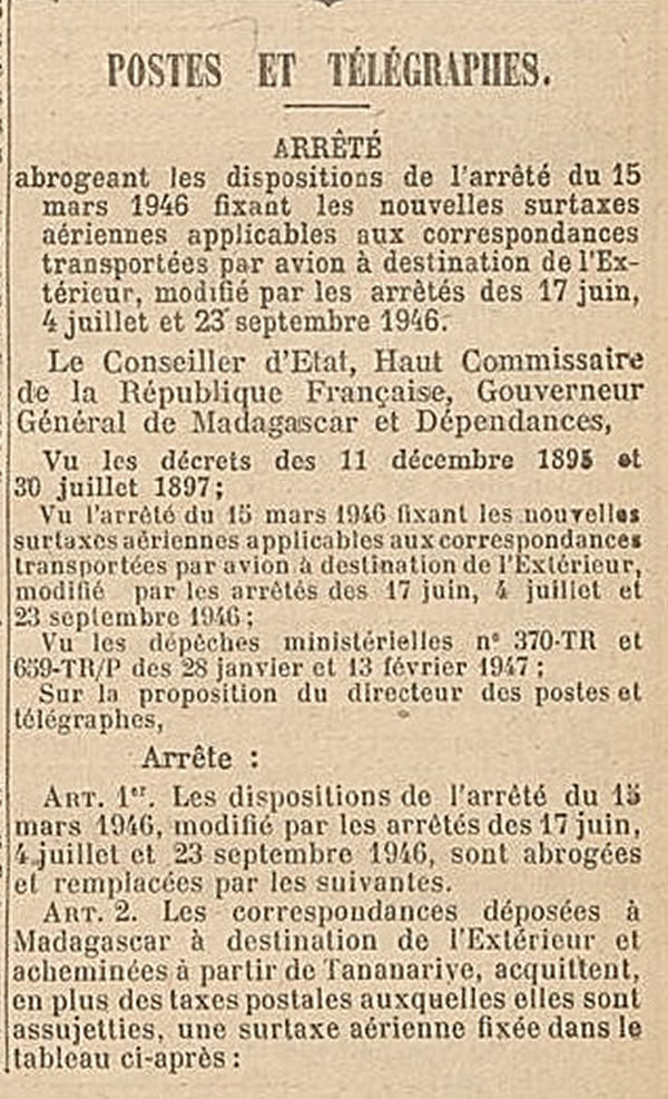 Surtaxes aériennes 10 juin 1946 au départ de Madagascar