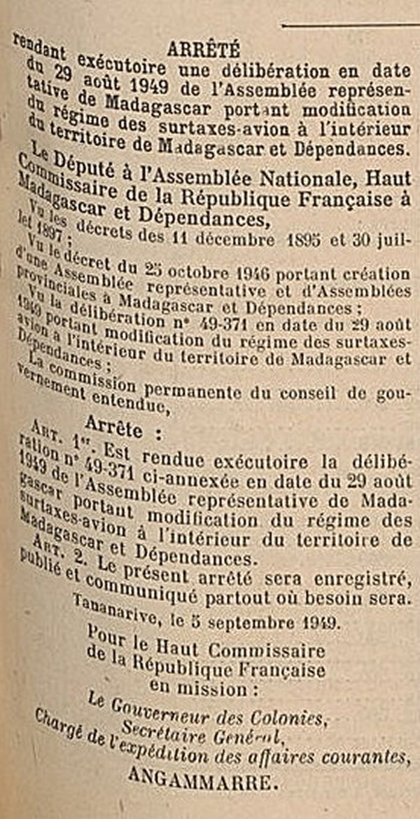 surtaxes aériennes intérieures Madagascar 5/9/1949