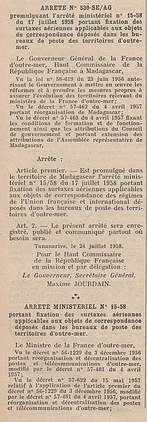 surtaxes aériennes au départ de Madagascar 16 juillet 1958