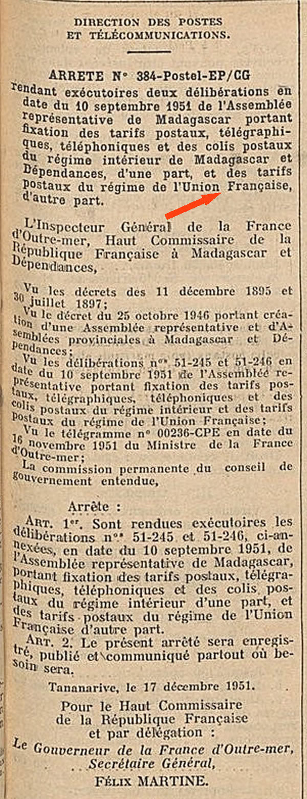 Tarif Union Française 17 décembre 1951