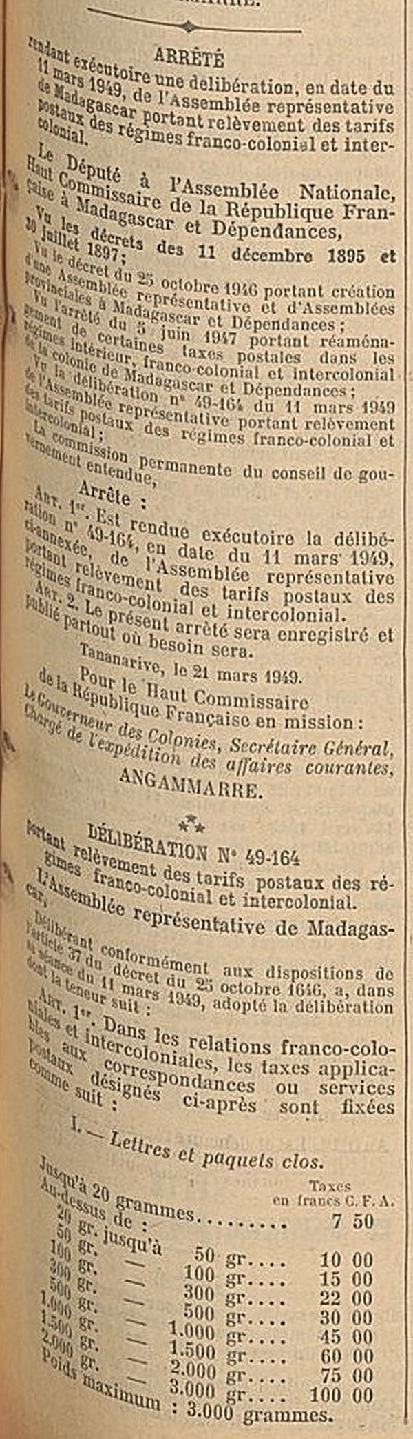 Tarif intérieur et Union Française 5 juin 1947
