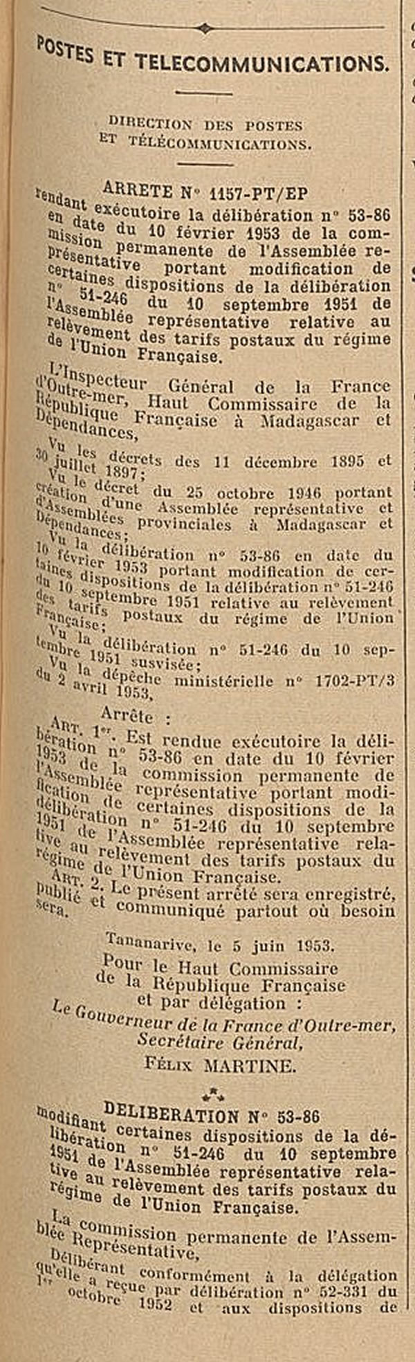 Tarif Union Française juin 1953