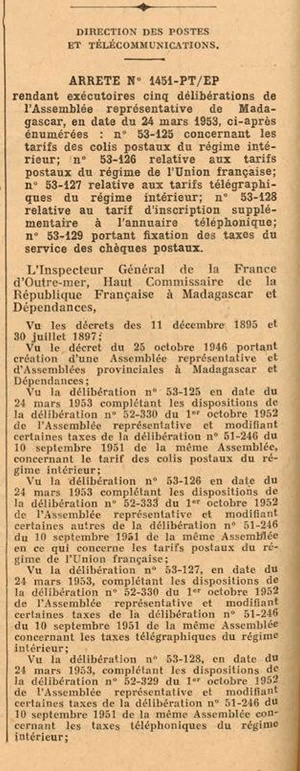 Tarif Union française aout 1953