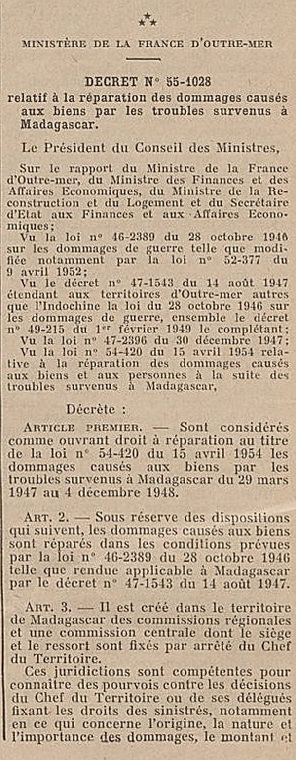 Réparation des dommages de l'Insurrection de Madagascar