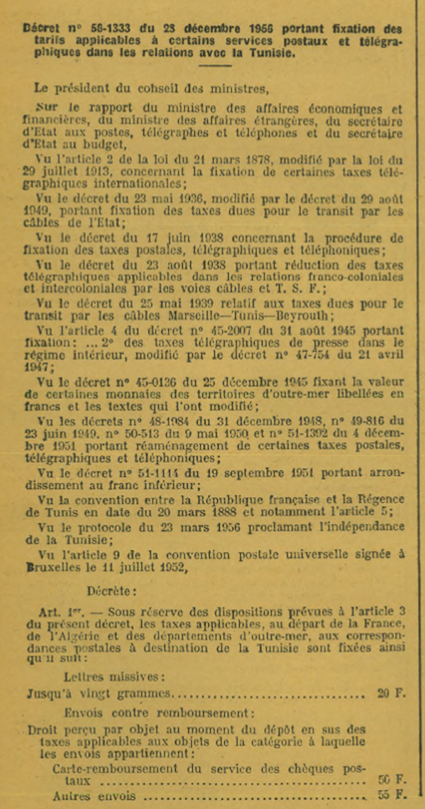 Nouveaux tarifs postaux vers la Tunisie après l'Indépendance