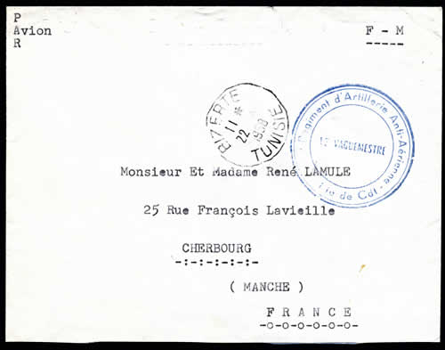 Cachet civil tunisien sur lettre FM troupe française