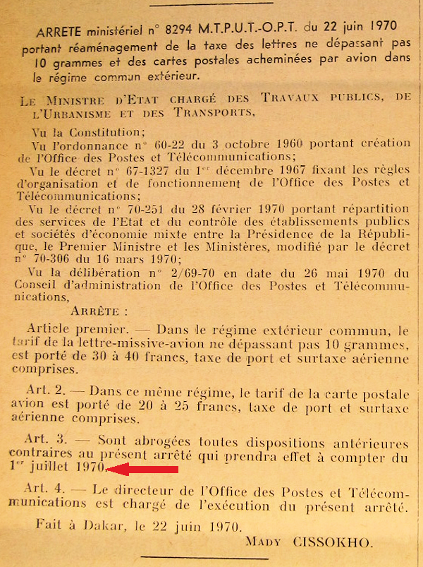 tarif postal surtaxes aériennes Sénégal 1970