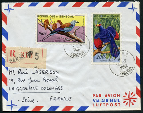 timbres oiseaux Sénégal sur lettre recommandée