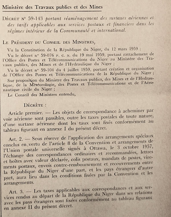 Tarifs postaux du Niger régimes intérieur, Communauté, international et surtaxes postales aériennes 16 juillet 1959