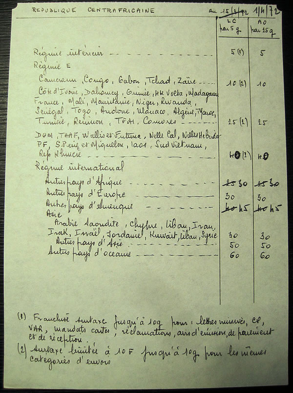 surtaxes aériennes  1972 au départ du Centrafrique