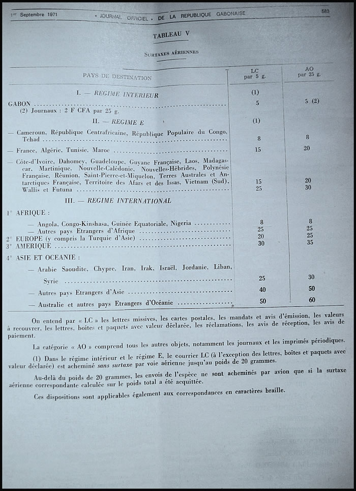 Tarif postal de l'Office des Postes et Télécommunications du Gabon du 1/7/71 page 14