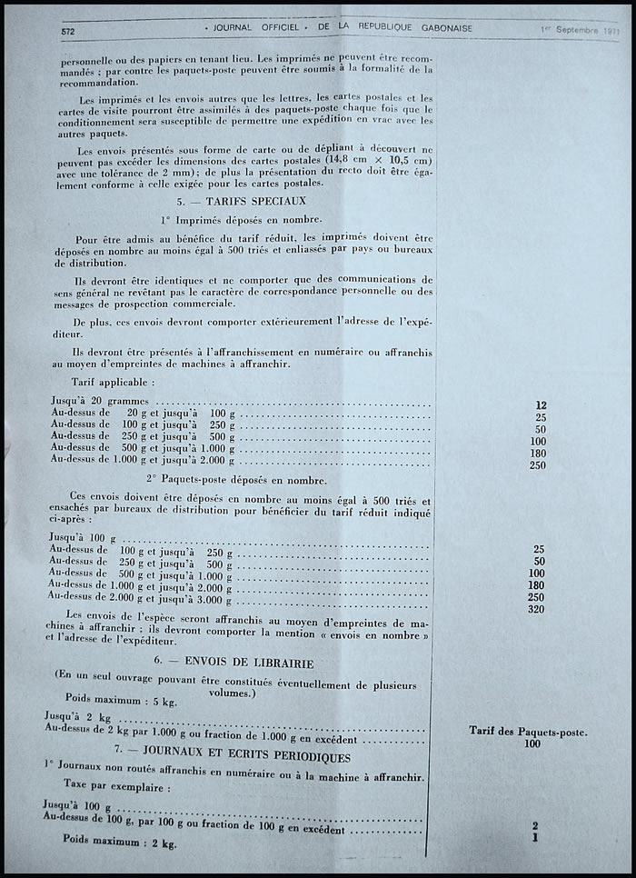 Tarif postal de l'Office des Postes et Télécommunications du Gabon du 1/7/71 page 3