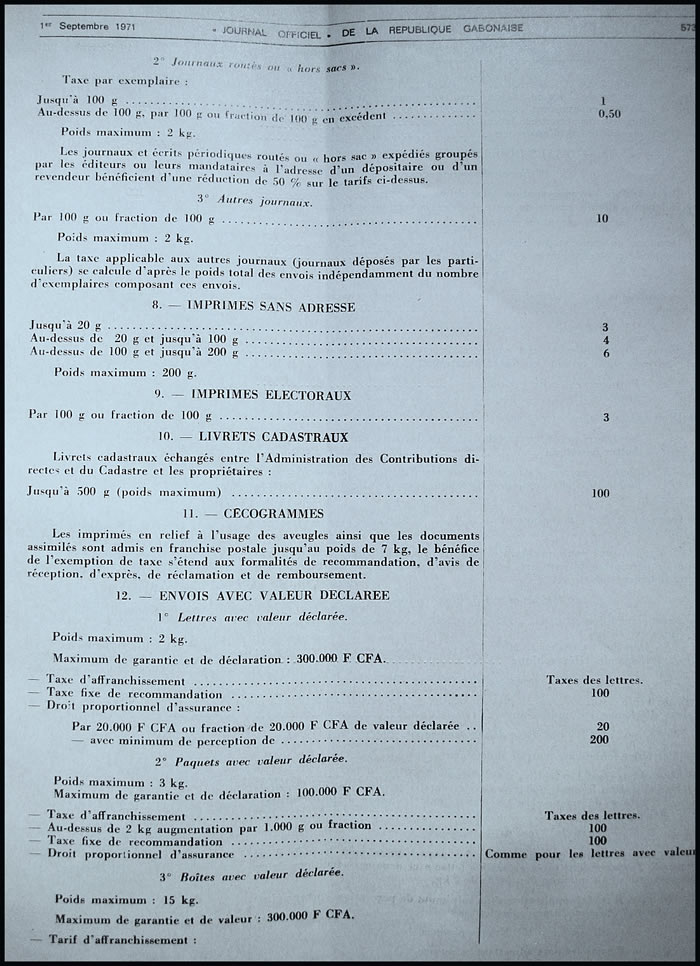 Tarif postal de l'Office des Postes et Télécommunications du Gabon du 1/7/71 page 4