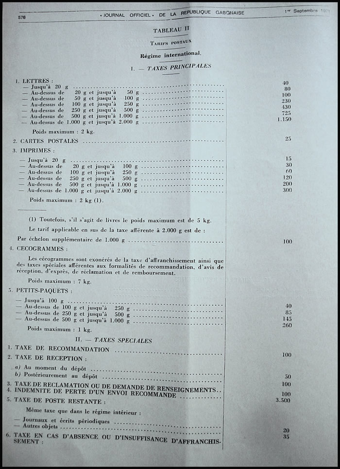 Tarif postal de l'Office des Postes et Télécommunications du Gabon du 1/7/71 page 7