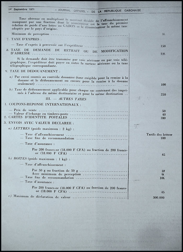Tarif postal de l'Office des Postes et Télécommunications du Gabon du 1/7/71 page 8