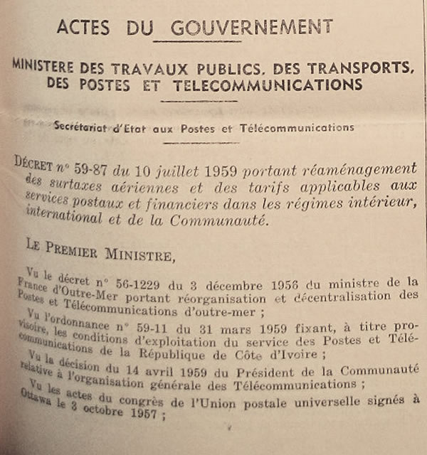 Tarifs postaux Cote d'Ivoire interieur communauté et internationaux 10 juillet 1959