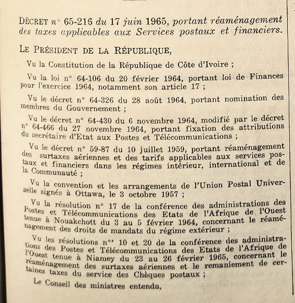 Tarifs postaux de Côte d'Ivoire intérieur, régime commun et régime international 1er juillet 1965