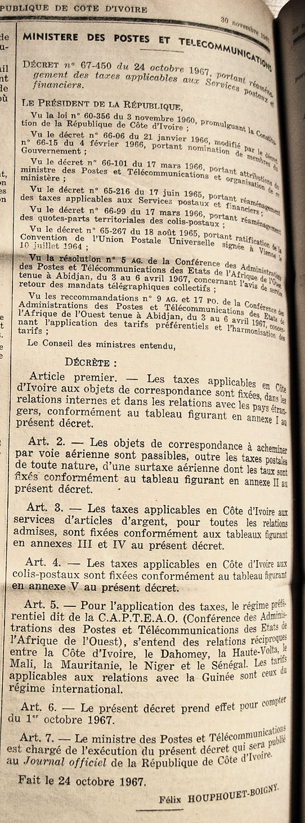 tarifs postaux au départ de la Côte d'Ivoir dans les régimes intérieurs, communs et international ainsi  que les taxes aériennes 1er octobre  1967