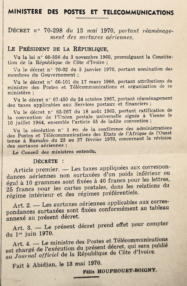 Surtaxes postales aériennes au départ de la Côte d'Ivoire 1er juin 1970