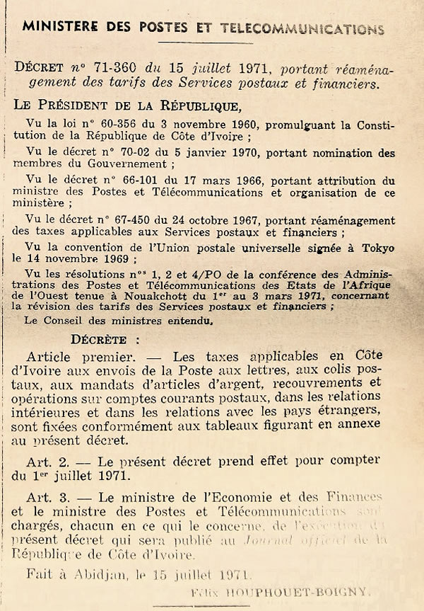 tarifs postaux au départ de la Côte d'Ivoire 1er juillet  1971
