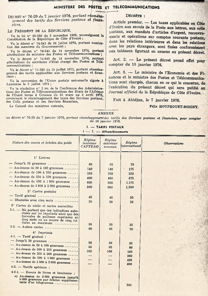 Tarifs postaux au départ de la Côte d'Ivoire 1976