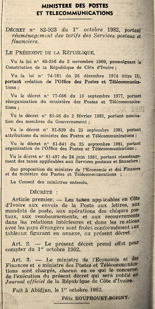 tarifs postaux au départ de la côte d'ivoire 1er octobre 1982