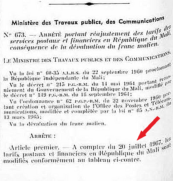 tarif mali juillet 1967