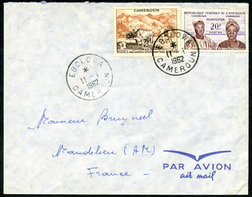 lettre pour la France au tarif (25F) dont le 20 F réunification, oblitérée 11/1/62