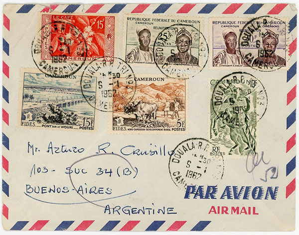 Lettre par avion du Cameroun pour l'Argentine affranchie avec les timbres réunification