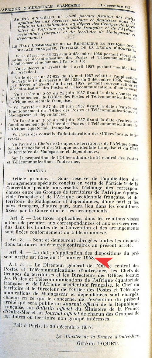 arrêté tarif 1/1/58 étranger