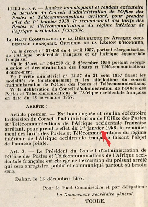 arrêté tarif intérieur 1/1/58