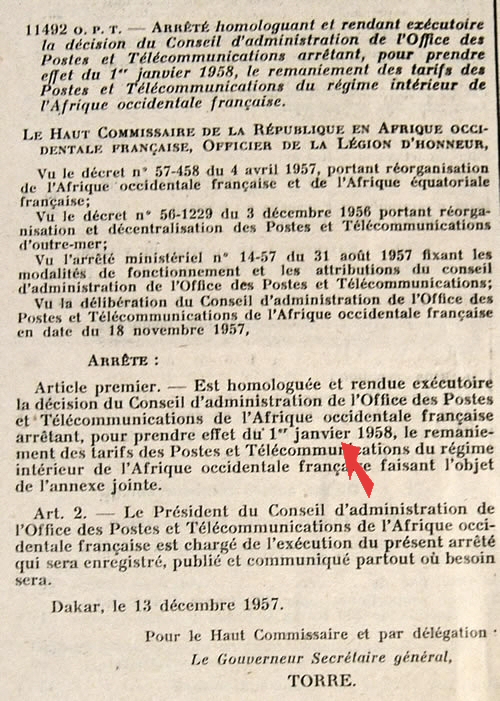 arrêté tarif intérieur 1/1/58