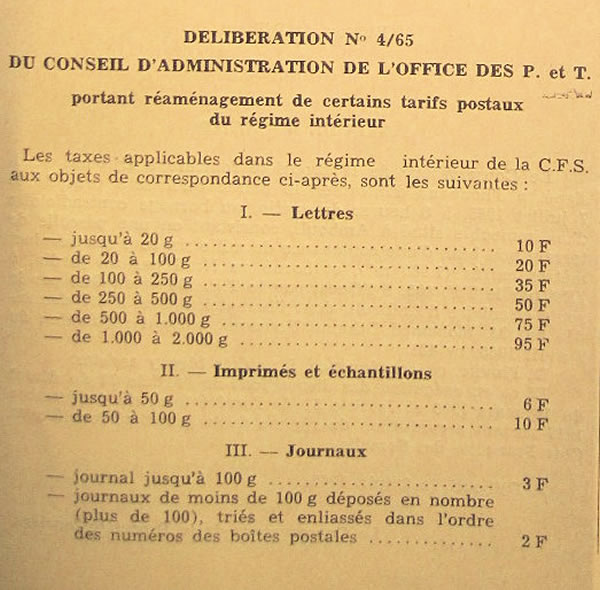 Tarifs postaux  intérieurs Cote française des Somalis 1er avril 1964