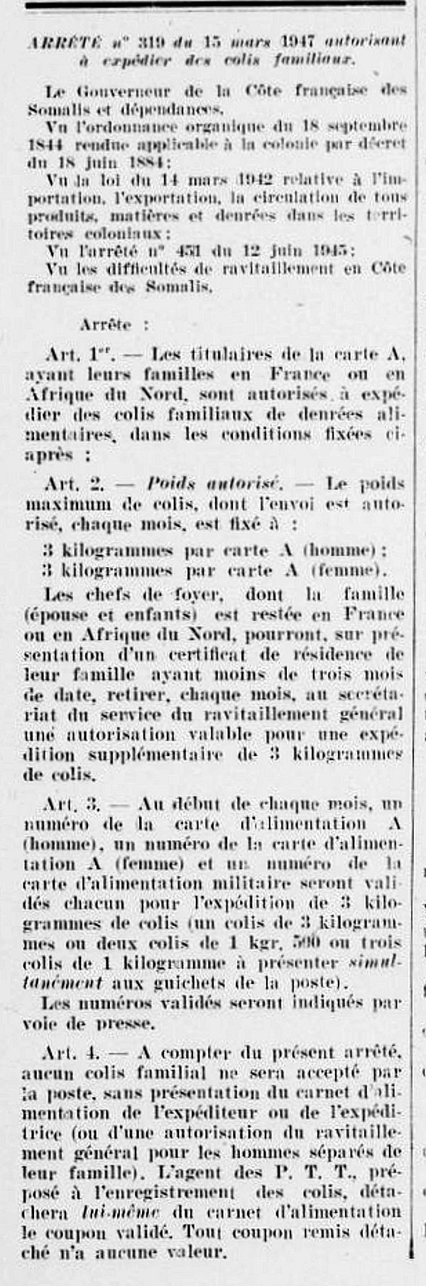 Autorisation d'export des colis familiaux mars 1947 Djibouti