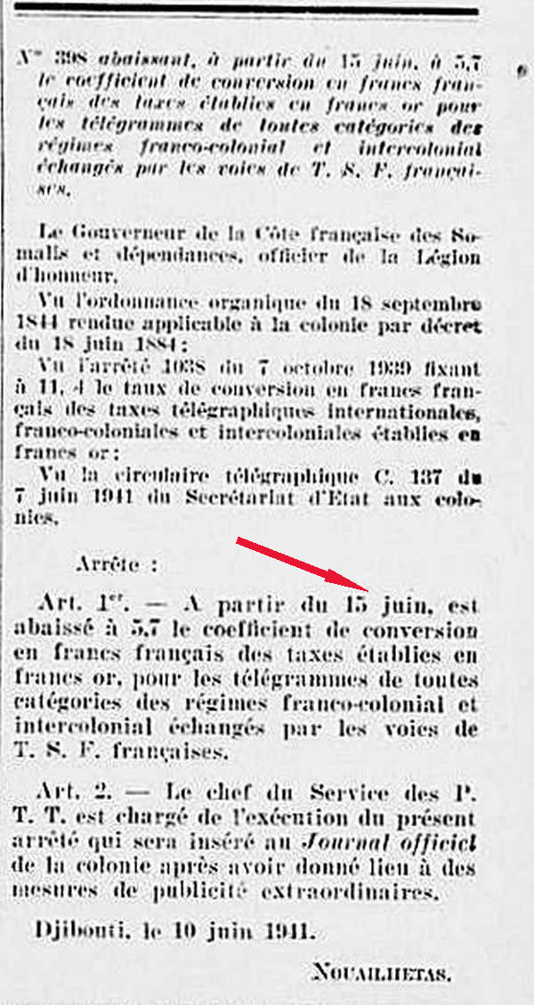 Côte Française des Somalis conversion des francs-or en francs français juin 1941