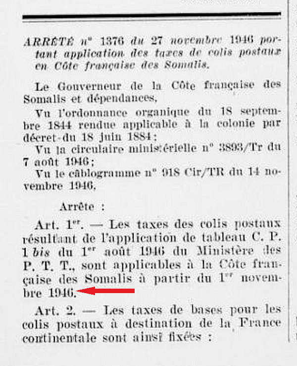 Tarif Colis Postaux novembre 1946 Côte Française des Somalis