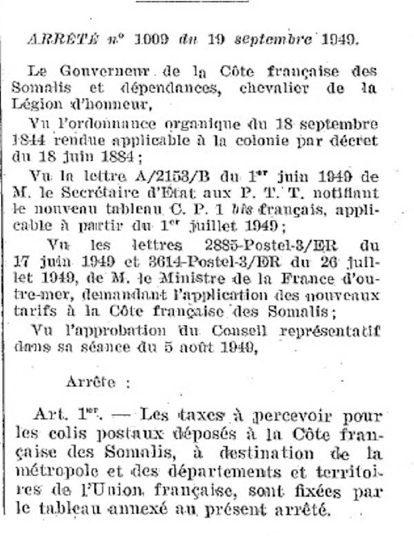 Tarifs colis postaux en Côte française des Somalis septembre 1949