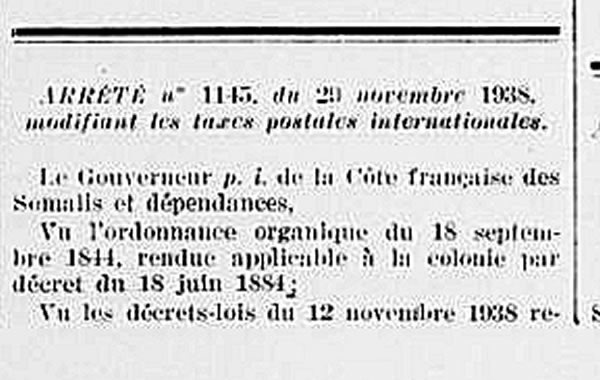 Tarif postal international Côte  Française des Somalis novembre 1938