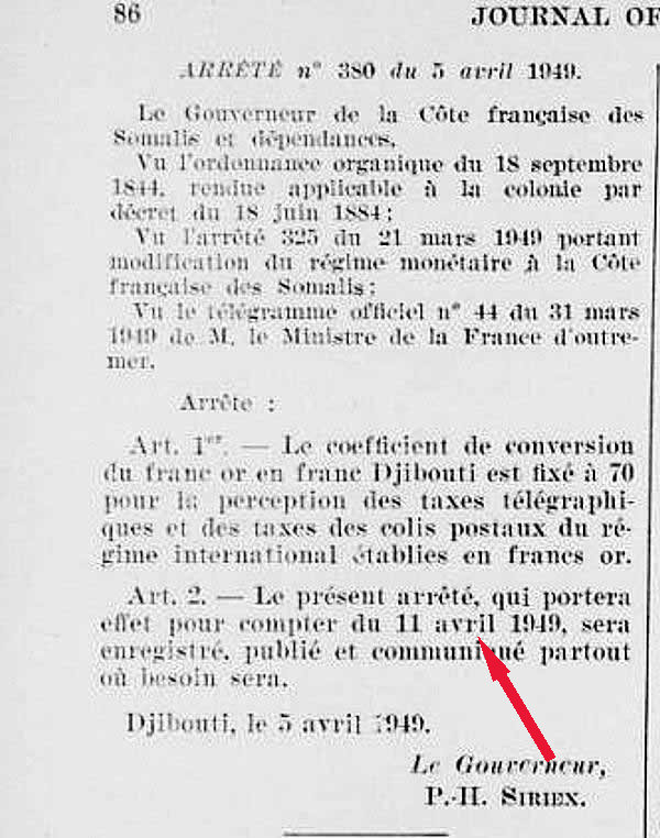 Conversion des francs-or avril 1949 Côte Française des Somalis