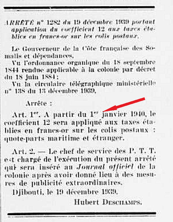 conversion des francs-or pour colis postaux en Côte Française des Somalis  1er janvier 1940