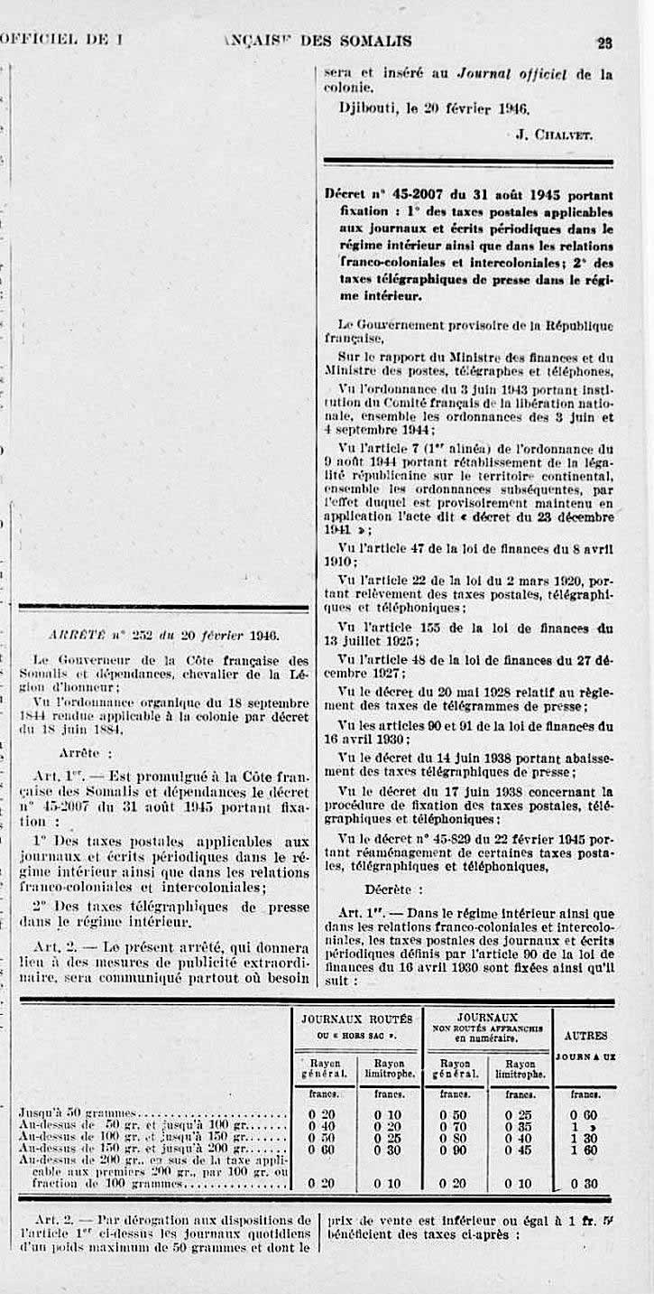 tarifs journaux et périodiques 1946 en Côte Française des Somalis