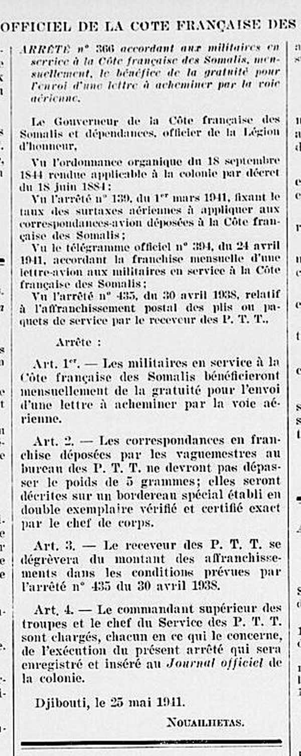 Côte Française des Somalis gratuité d'une lettreavion pour militaire 1941