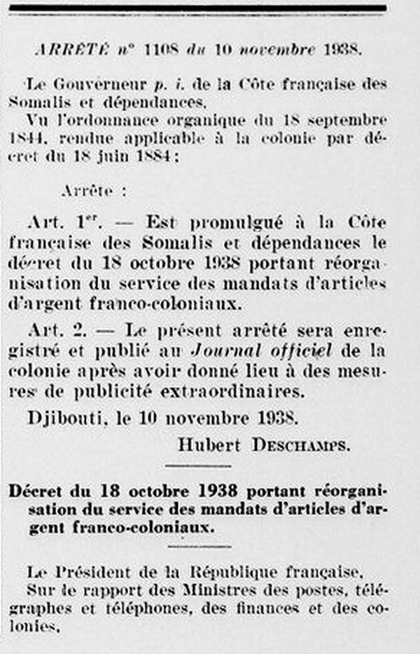Tarifs postaux pour mandats en Côte française des somalis novembre 1938