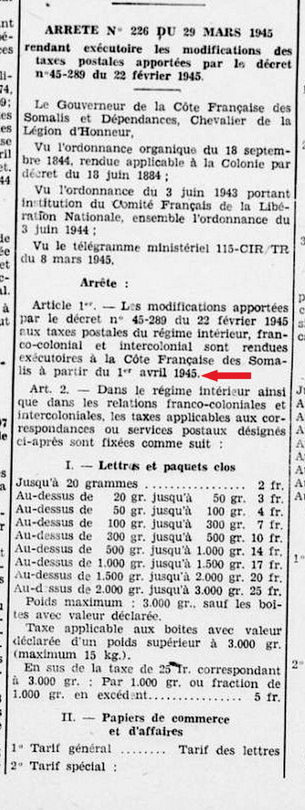 Tarif postal Côte française des Somali avril 1945