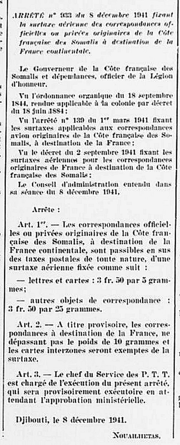 Surtaxes postales aériennes Côte française des Somalis décembre 1941
