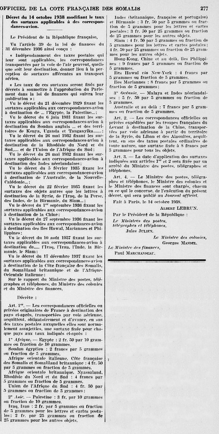 tarif postal par avion octobre 1938 Côte Française des Somalis