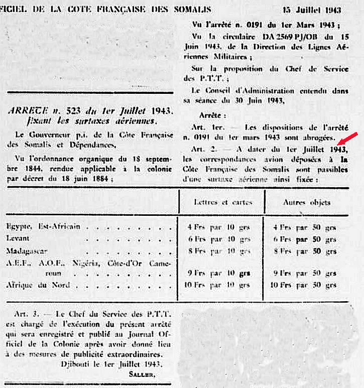 surtaxes postales par avion Côte Française des Somalis  juillet 1943